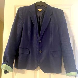 Navy blue blazer with light green lined sleeves. Linen material.